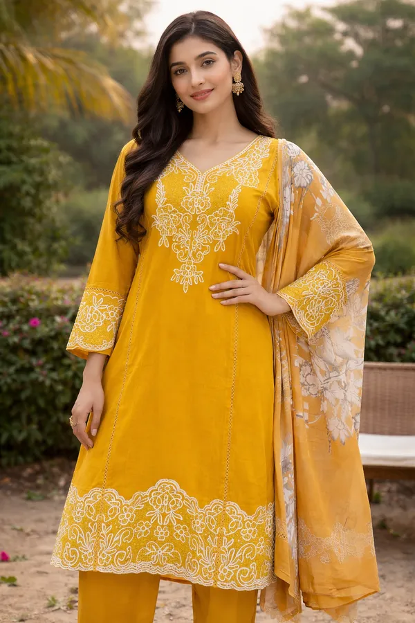 Mustard_And_Yellow_Premium_Cotton_Kurti_With_Pant_And_Dupatta_Set_For_Women