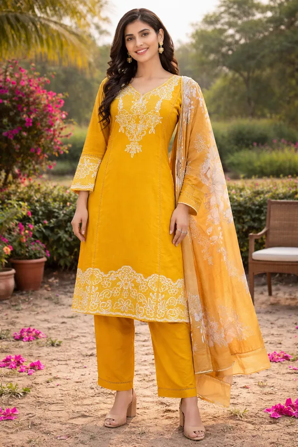 Mustard_And_Yellow_Premium_Cotton_Kurti_With_Pant_And_Dupatta_Set_For_Women
