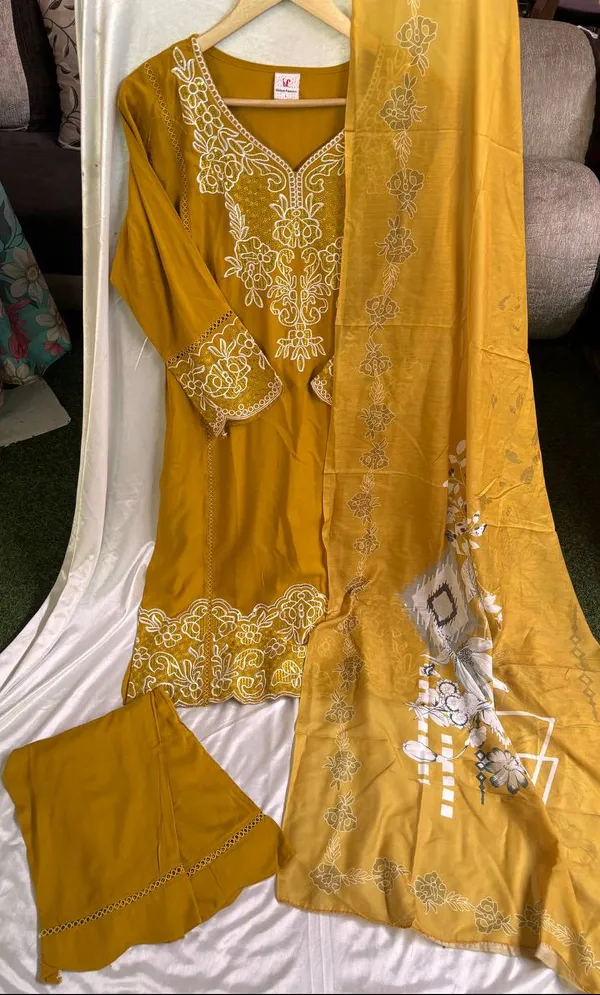 Mustard_And_Yellow_Premium_Cotton_Kurti_With_Pant_And_Dupatta_Set_For_Women
