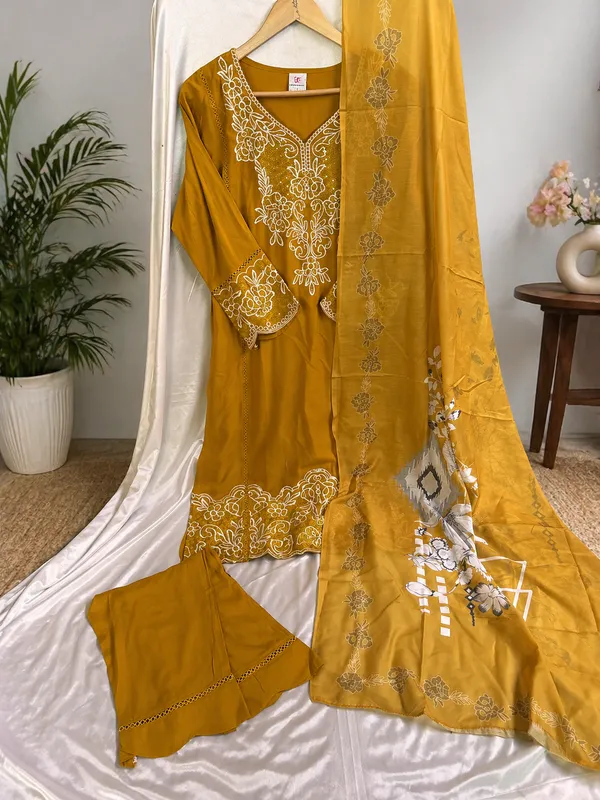 Mustard_And_Yellow_Premium_Cotton_Kurti_With_Pant_And_Dupatta_Set_For_Women