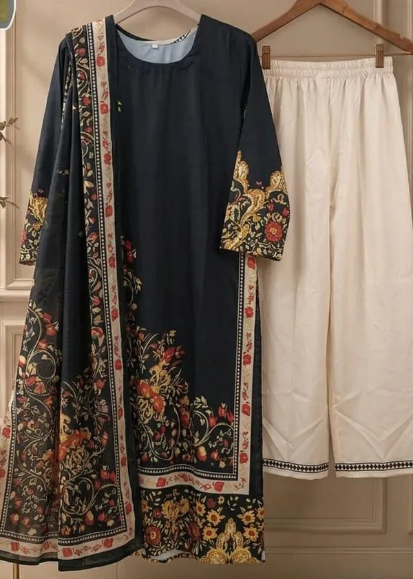 Black_Premium_Satin_Kurti_With_Pant_And_Dupatta_Set_For_Women