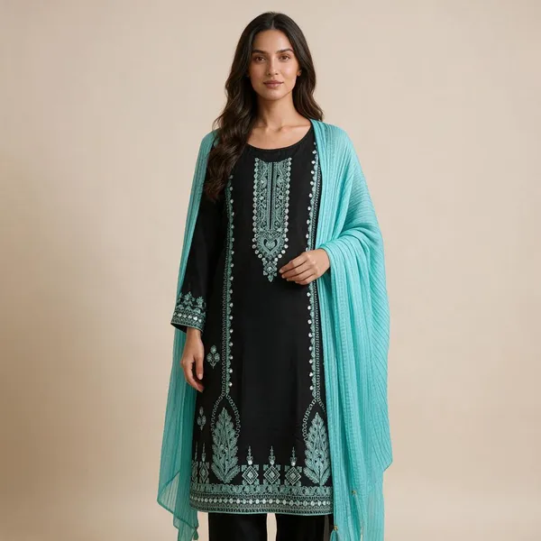 Black_Premium_Satin_Kurti_With_Pant_And_Dupatta_Set_For_Women