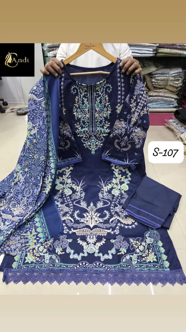 Navy_Blue_Premium_Cotton_Kurti_With_Pant_And_Dupatta_Set_For_Women