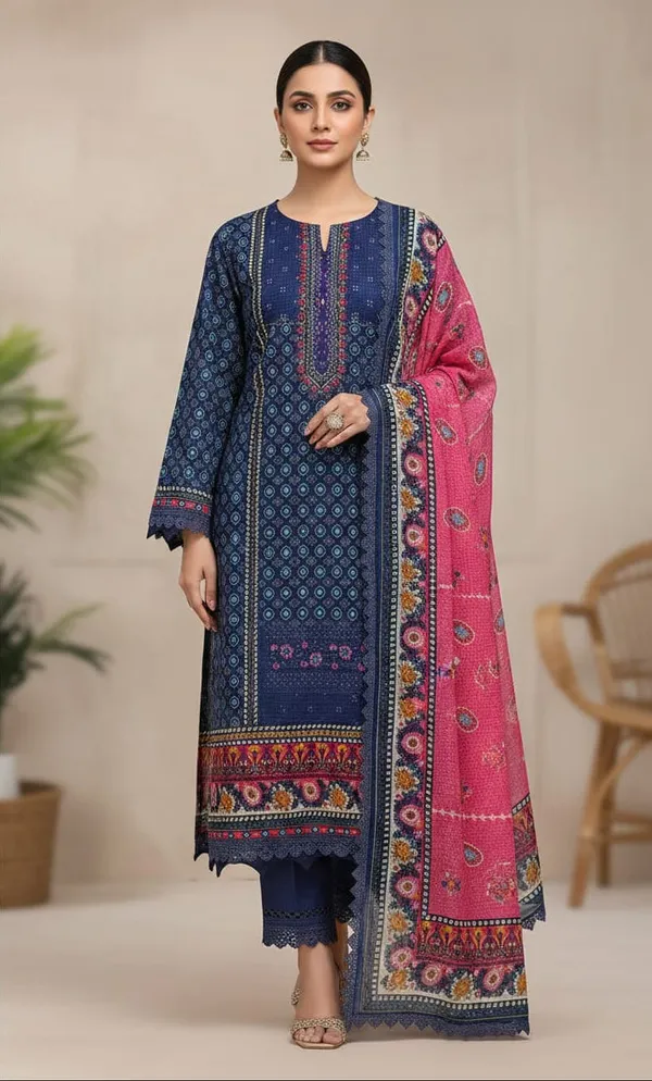 Navy_Blue_Cotton_Kurti_Pant_Dupatta