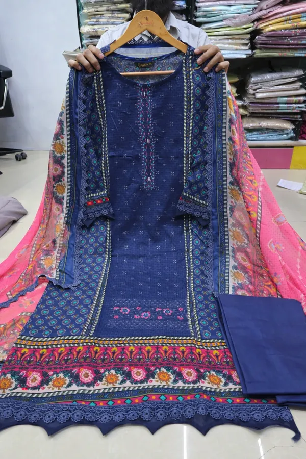 Navy_Blue_Premium_Cotton_Kurti_With_Pant_And_Dupatta_Set_For_Women