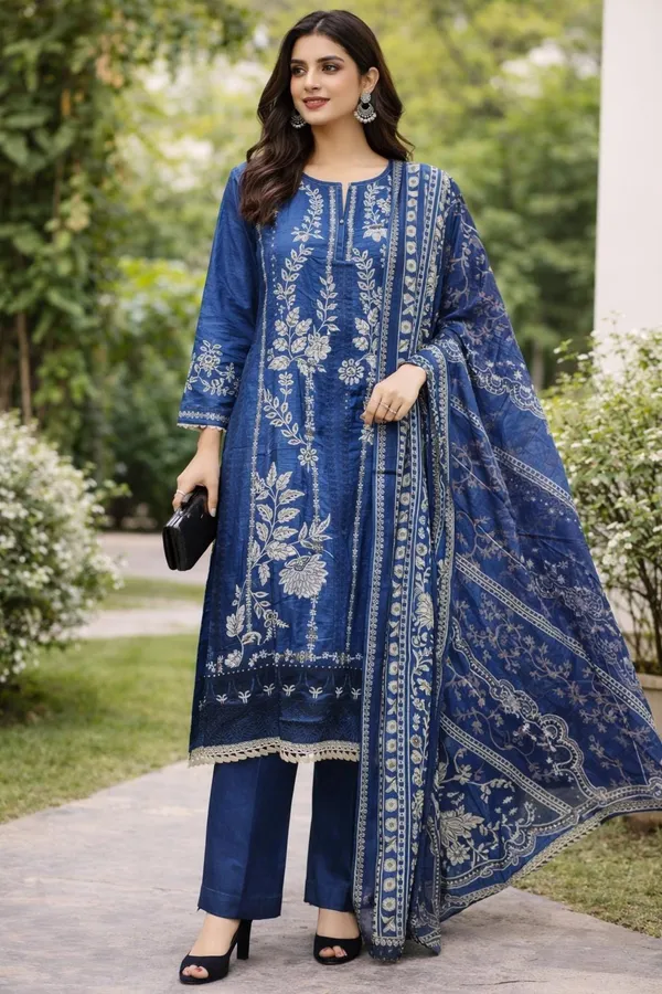 Navy_Blue_Premium_Cotton_Kurti_With_Pant_And_Dupatta_Set_For_Women