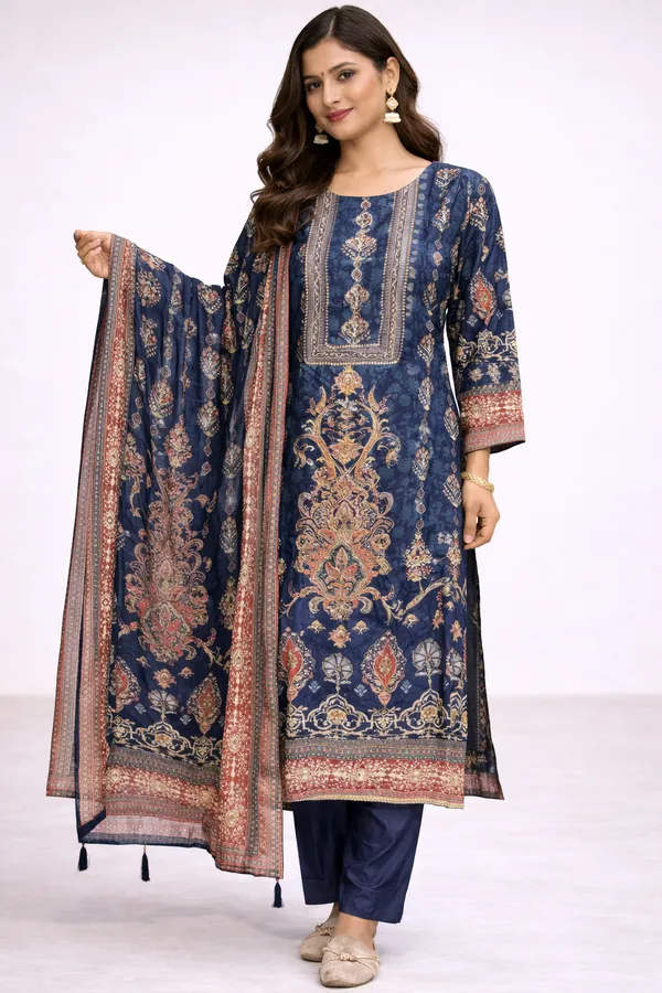 Navy_Blue_Premium_Pure_Muslin_Kurti_With_Pant_And_Dupatta_Set_For_Women