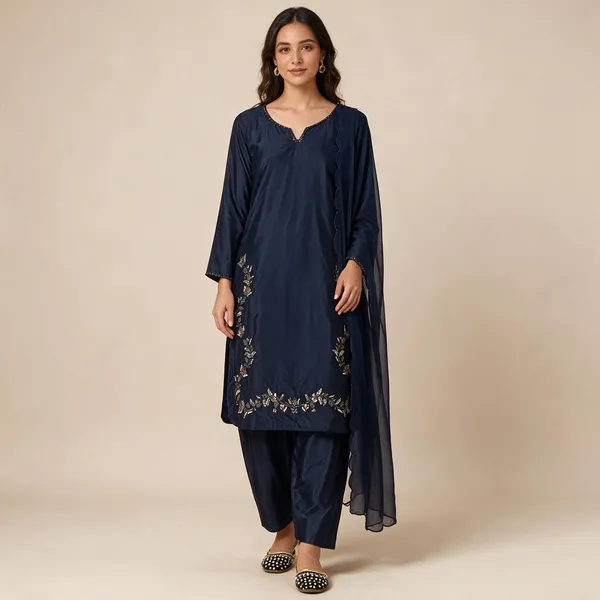 Navy_Blue_Premium_Polyester_Kurti_With_Pant_And_Dupatta_Set_For_Women
