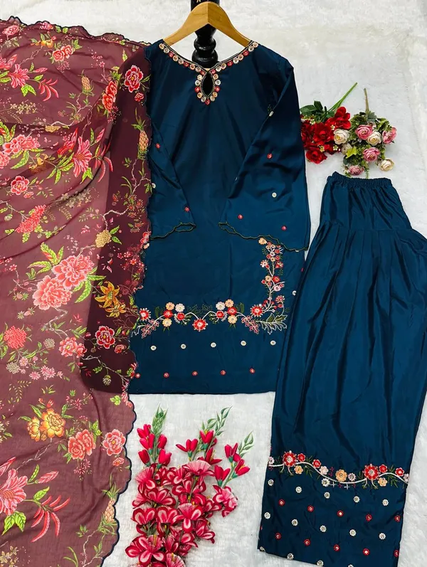 Navy_Blue_Premium_Silk_Kurti_With_Pant_And_Dupatta_Set_For_Women