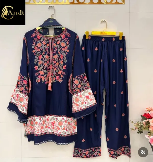 Navy_Blue_Floral_Embroidered_Kurti_Pant_Set