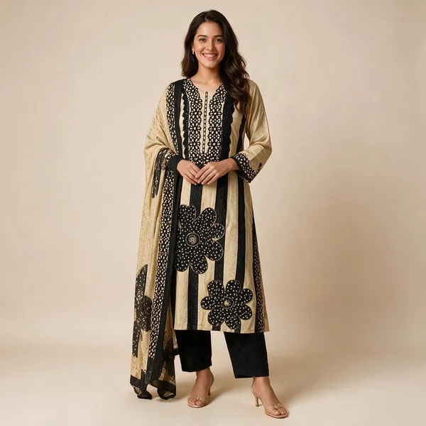 Black_And_Beige_Premium_Cotton_Kurti_With_Pant_And_Dupatta_Set_For_Women