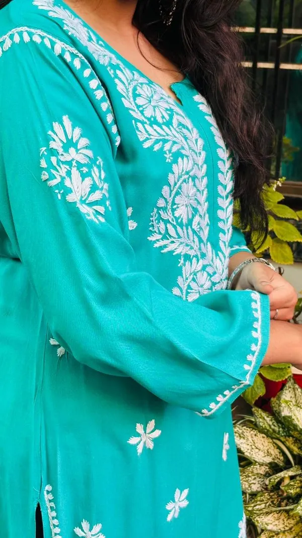 Turquoise_And_Blue_Premium_Rayon_Chikankari_Kurti_For_Women
