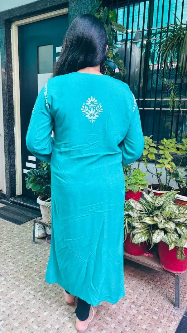 Turquoise_And_Blue_Premium_Rayon_Chikankari_Kurti_For_Women