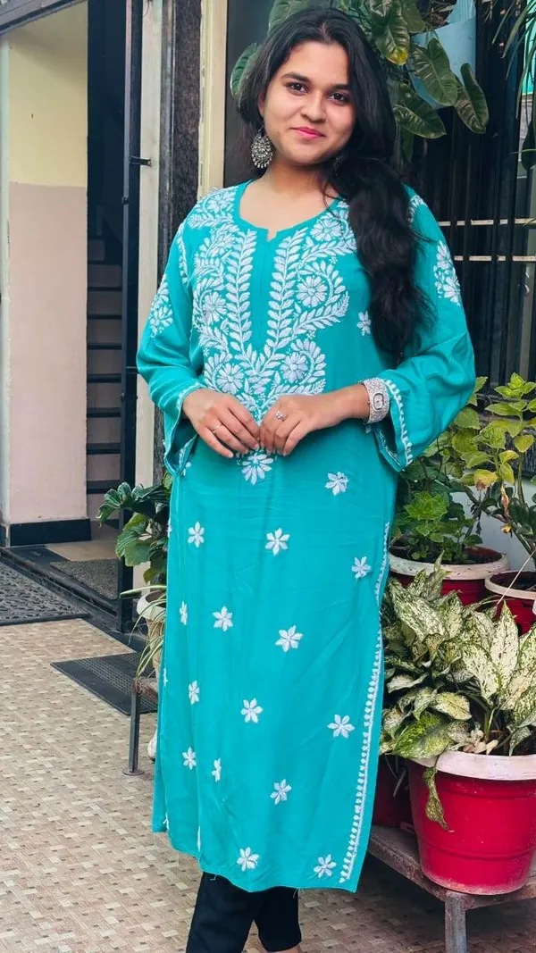 Turquoise_And_Blue_Premium_Rayon_Chikankari_Kurti_For_Women
