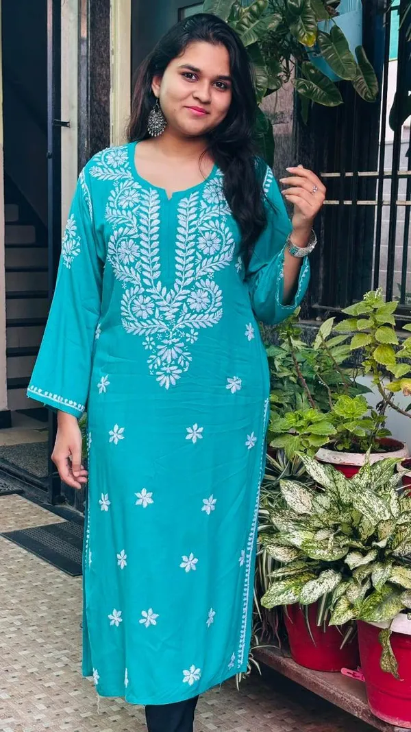 Turquoise_And_Blue_Premium_Rayon_Chikankari_Kurti_For_Women