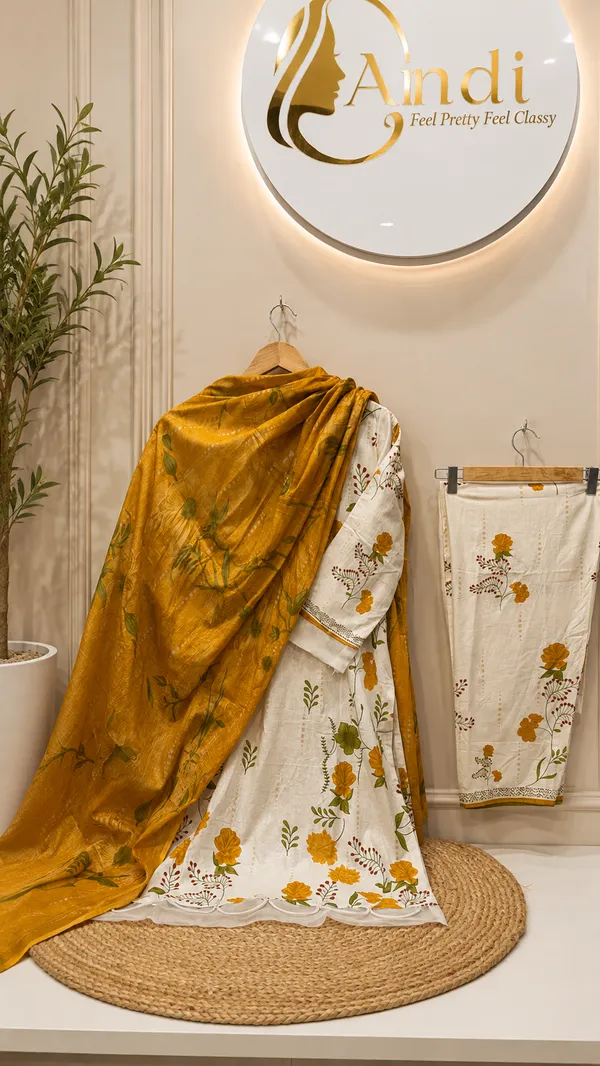 Golden_Premium_Rayon_Kurti_With_Pant_And_Dupatta_Set_For_Women