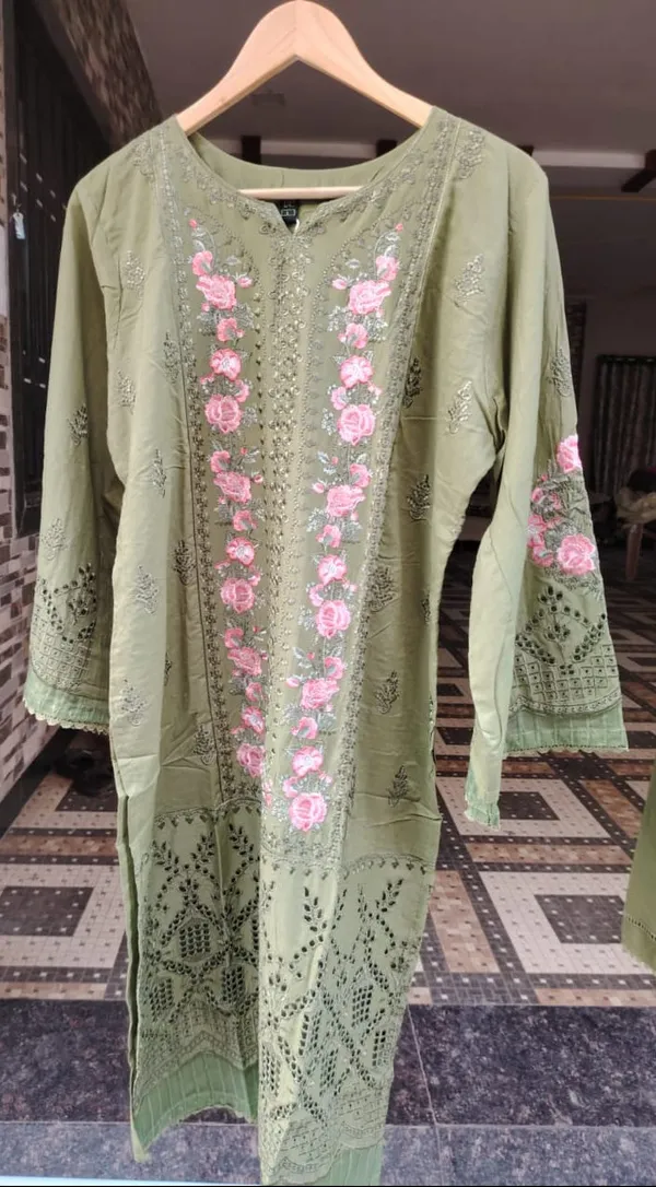 Olive_Green_Embroidered_Kurti_Pant_Set_with_Dupatta