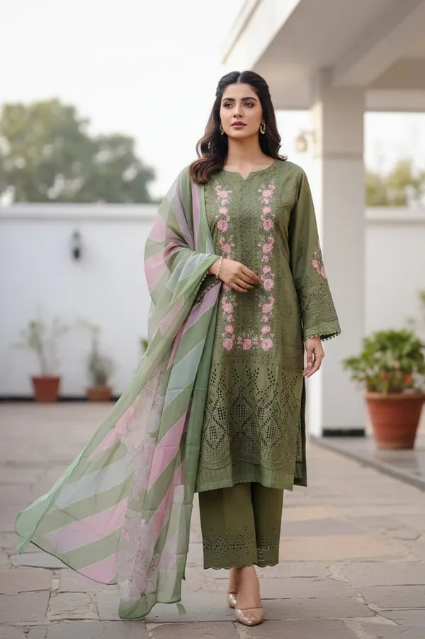 Olive_Green_Premium_Rayon_Kurti_With_Pant_And_Dupatta_Set_For_Women