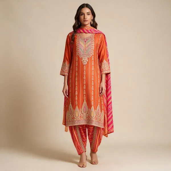 Orange_Premium_Rayon_Kurti_With_Pant_And_Dupatta_Set_For_Women