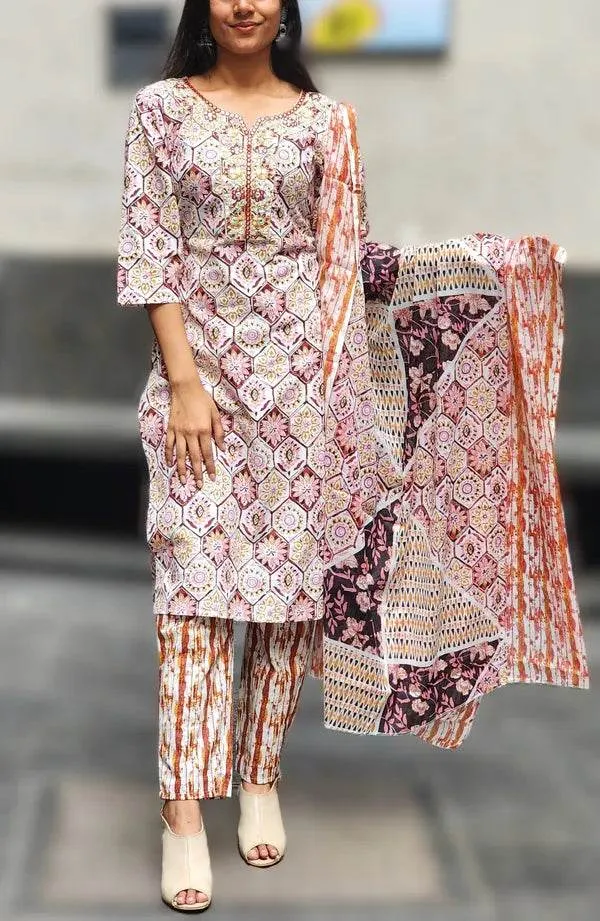 Orange_Jaipuri_Kurti_Pant_Dupatta_Set