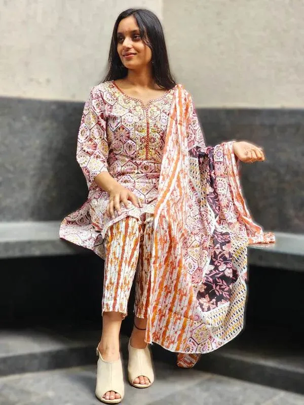 Orange_Premium_Cotton_Kurti_With_Pant_And_Dupatta_Set_For_Women