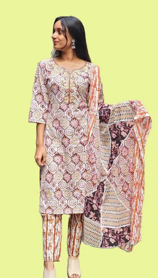 Orange_Premium_Cotton_Kurti_With_Pant_And_Dupatta_Set_For_Women