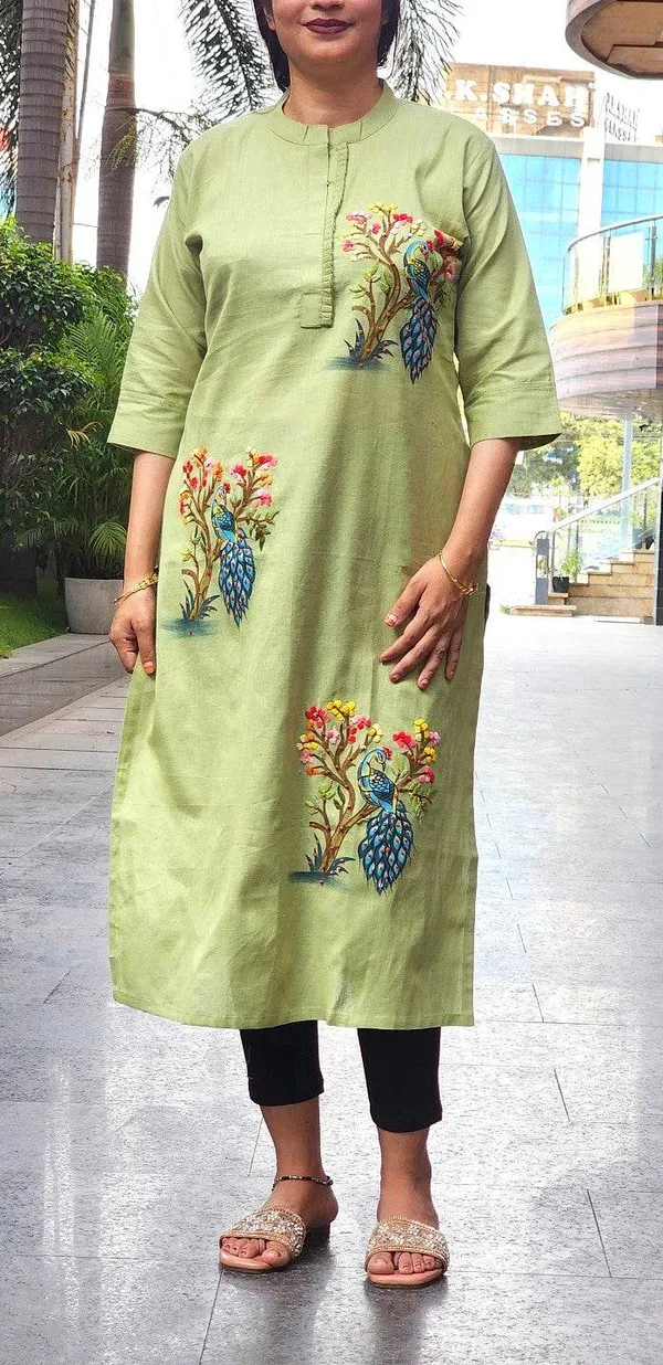 Organic_Cotton_Green_Hand-Painted_Embroidery_Kurti_for_Women