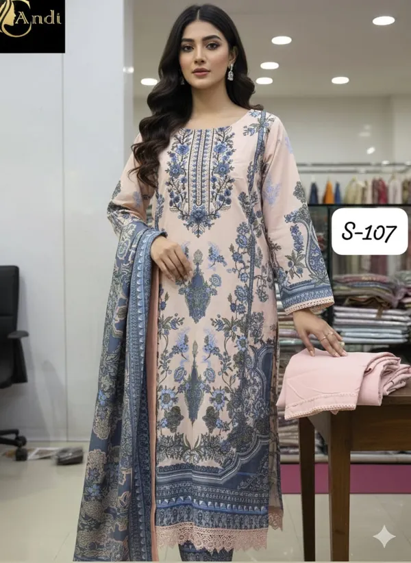 Peach_And_Dusty_Blue_Premium_Polyester_Kurti_With_Pant_And_Dupatta_Set_For_Women