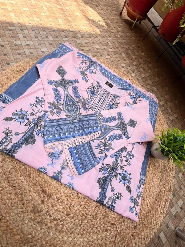 Peach_And_Dusty_Blue_Premium_Polyester_Kurti_With_Pant_And_Dupatta_Set_For_Women