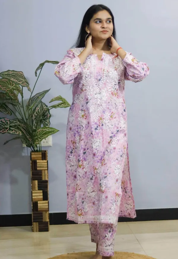 pastel_pink_Mal_Mal_Cotton_kurti-pant_set_Chikankari_floral_print.