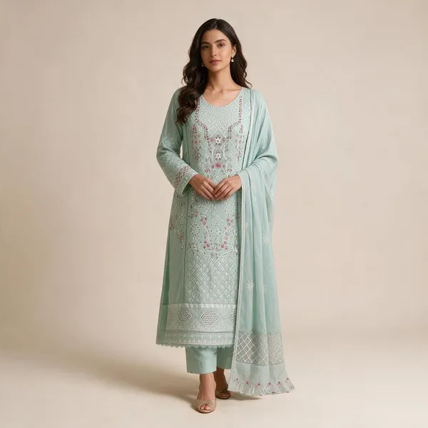 Sea_Green_Premium_Cotton_Kurti_With_Pant_And_Dupatta_Set_For_Women