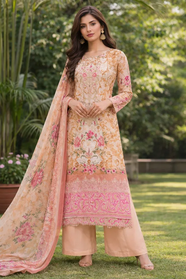 Peach_Premium_Cotton_Kurti_With_Pant_And_Dupatta_Set_For_Women
