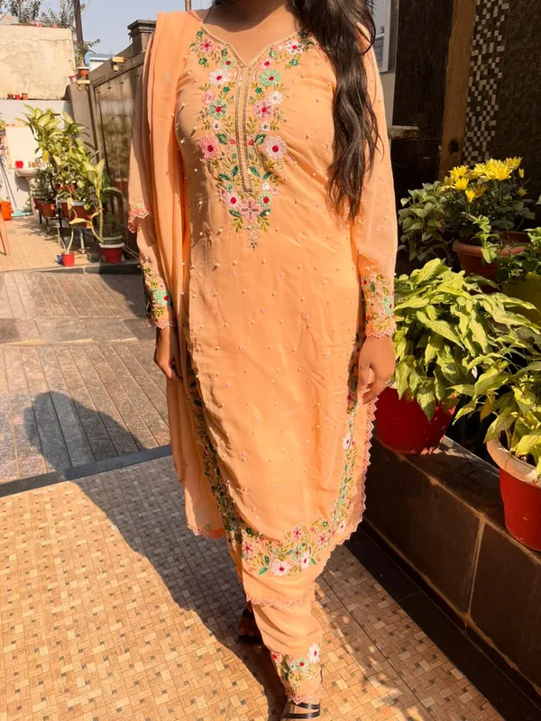 Peach_Premium_Georgette_Kurti_With_Pant_And_Dupatta_Set_For_Women