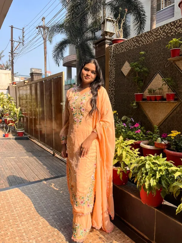 Peach_Premium_Georgette_Kurti_With_Pant_And_Dupatta_Set_For_Women