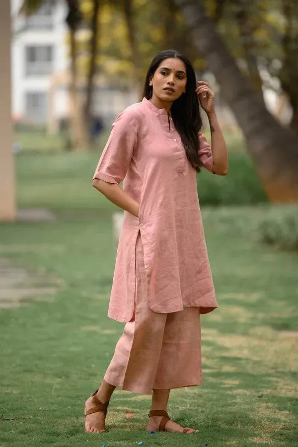 Peach_pure_cotton_kurti_pant_cord_set_with_pocket_for_working_women