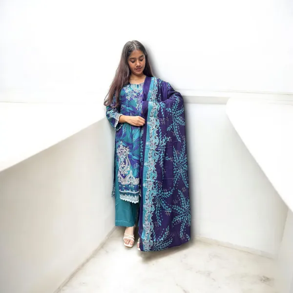 Peacock_Blue_Premium_Cotton_Kurti_With_Pant_And_Dupatta_Set_For_Women