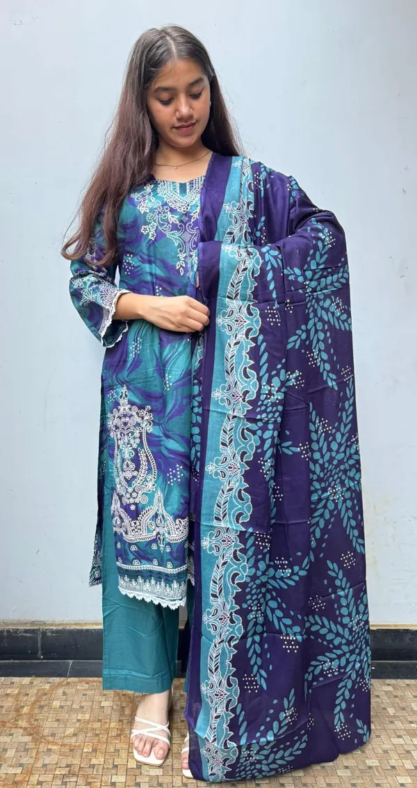 Peacock_Blue_Premium_Cotton_Kurti_With_Pant_And_Dupatta_Set_For_Women