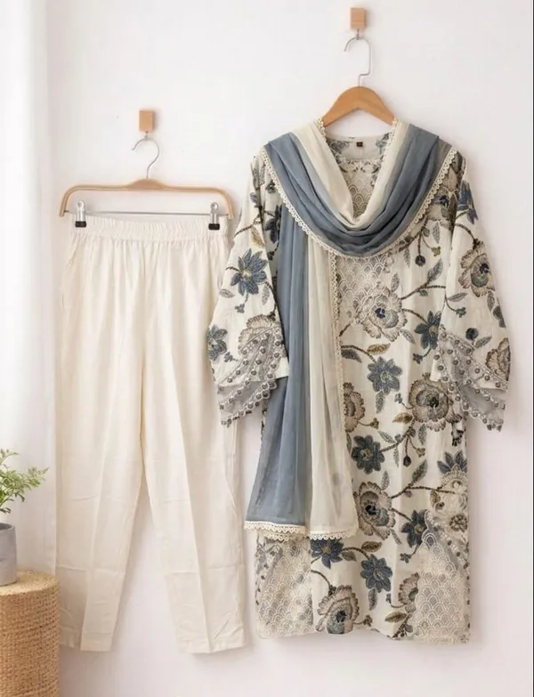 Ivory_And_Blue_Premium_Rayon_Kurti_With_Pant_And_Dupatta_Set_For_Women