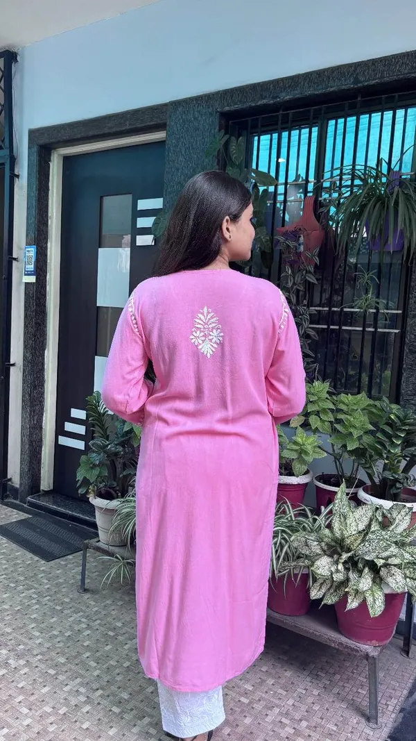 pink_elegant_rayon_Chikan_kari_kurti,_embroidery.