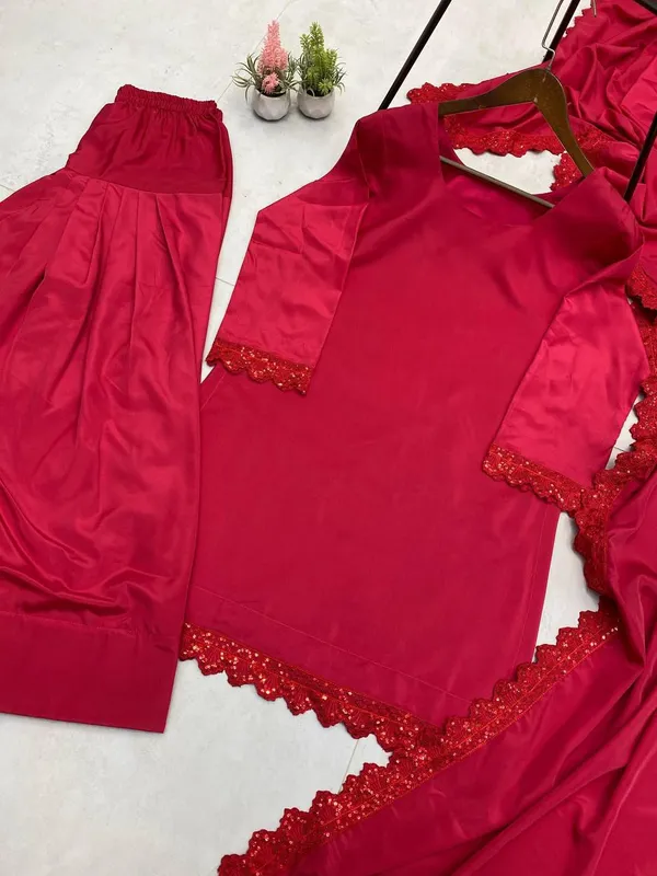 Pink_Premium_Silk_Kurti_With_Pant_And_Dupatta_Set_For_Women