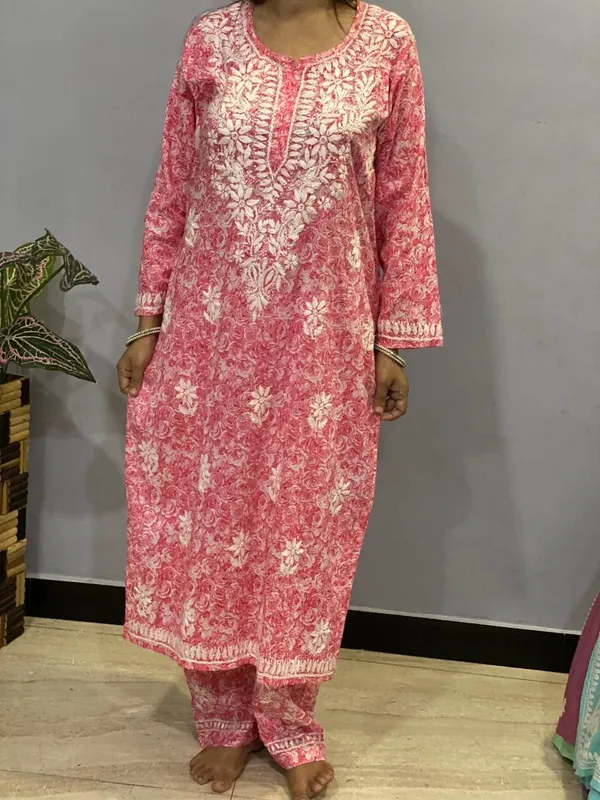 Pink_Premium_Cotton_Chikankari_Kurti_Pant_For_Women