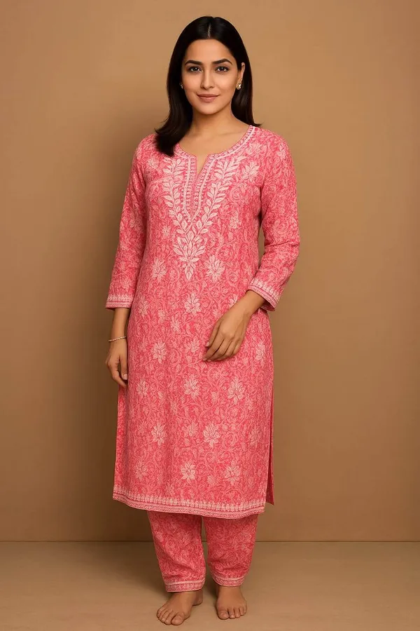 Pink_Premium_Cotton_Chikankari_Kurti_Pant_For_Women