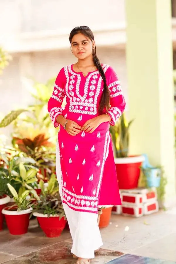 Pink_Heavy_Rayon_Cotton_White_Chikankari_Embroidered_Kurti_For_Women