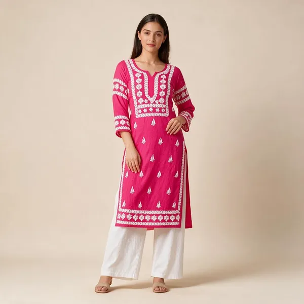 Pink_And_White_Premium_Cotton_Chikankari_Kurti_For_Women
