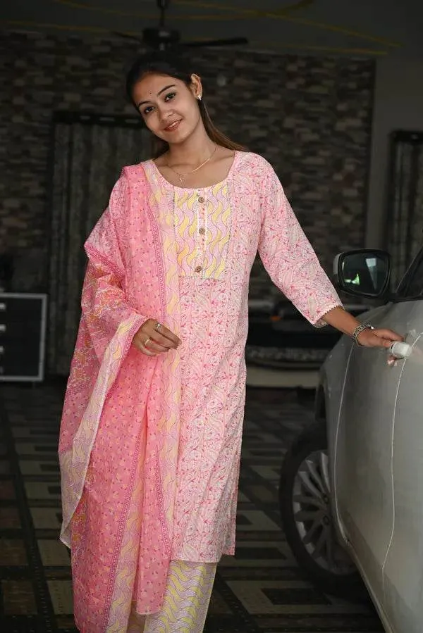 Pink_And_Yellow_Premium_Cotton_Kurti_With_Pant_And_Dupatta_Set_For_Women