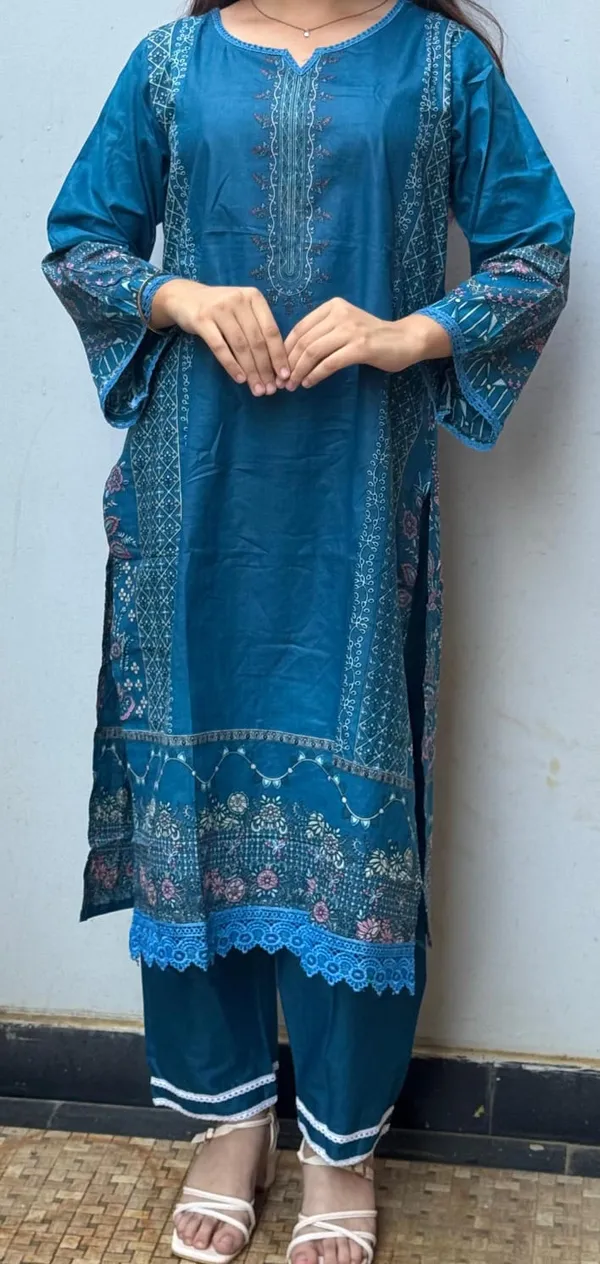 Blue_Premium_Cotton_Kurti_With_Pant_And_Dupatta_Set_For_Women