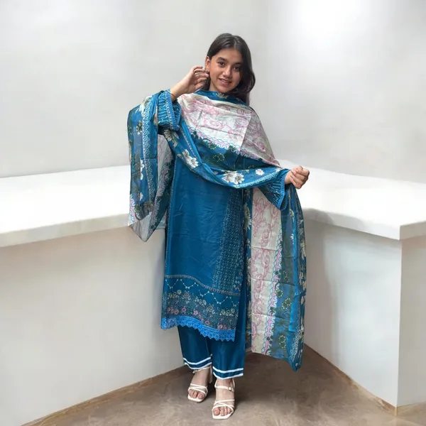 Blue_Premium_Cotton_Kurti_With_Pant_And_Dupatta_Set_For_Women