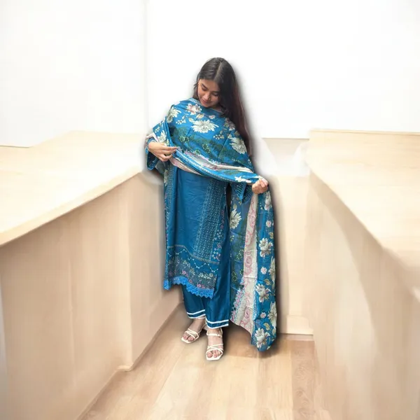 Blue_Premium_Cotton_Kurti_With_Pant_And_Dupatta_Set_For_Women