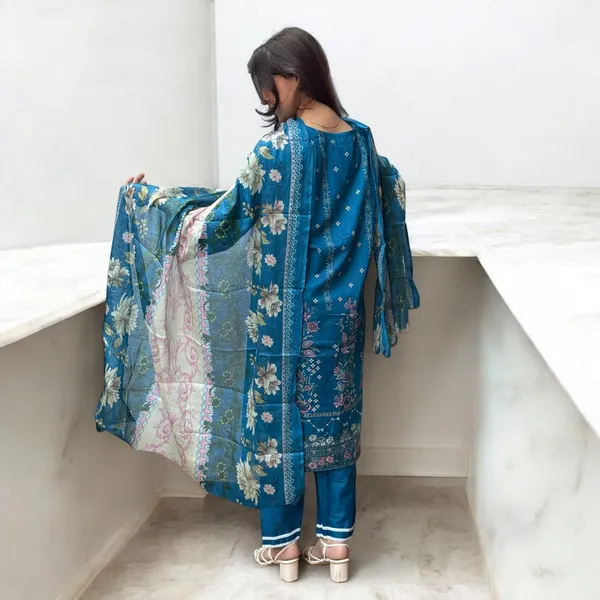 Blue_Premium_Cotton_Kurti_With_Pant_And_Dupatta_Set_For_Women