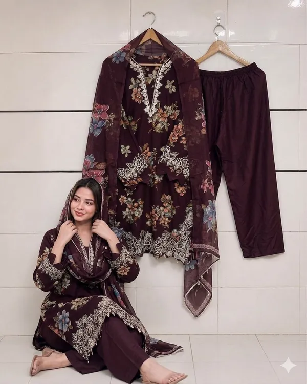 Wine_And_Plum_Premium_Cotton_Kurti_With_Pant_And_Dupatta_Set_For_Women